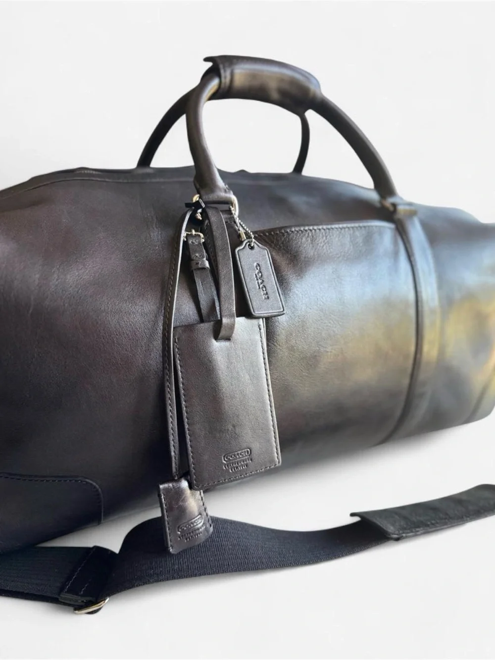 Vintage Coach Dark Brown Leather Duffle Travel Overnight Bag Silver Hardware